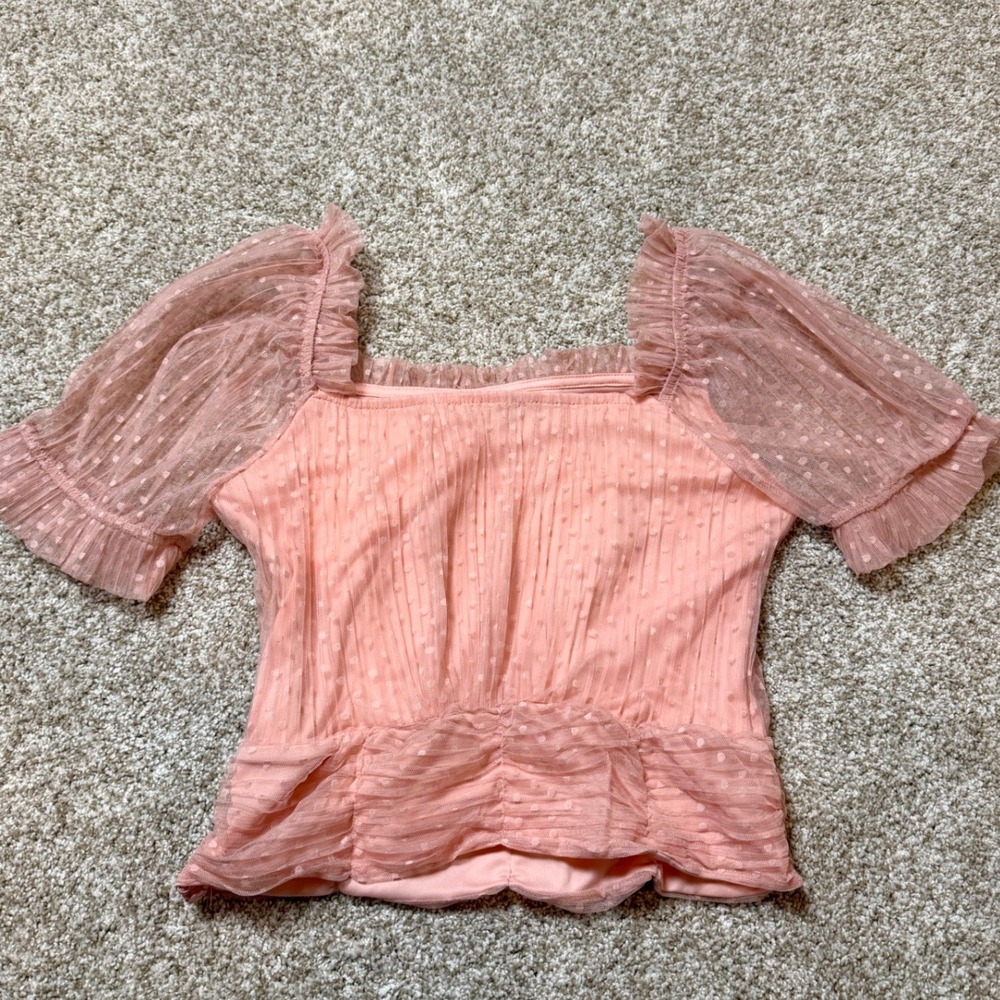 Peach Pink Swiss Dot Mesh Puff Sleeve Crop Top Square Neck Med Coquette Romantic